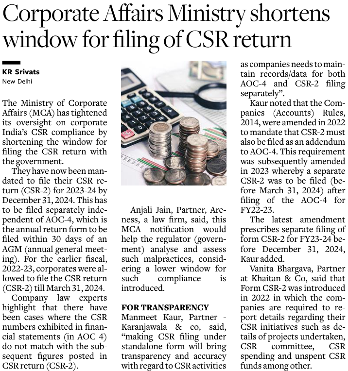 Corporate Affairs Ministry shortens window for filing of CSR return
