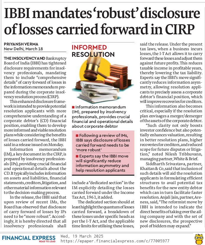 IBBI mandates ‘robust’ disclosure of losses carried forward in CIRP