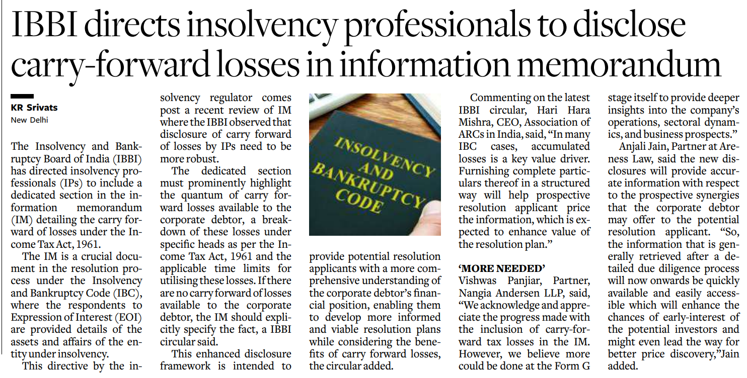 IBBI enhances transparency, directs Insolvency Professionals to disclose carry forward losses in Information Memorandum