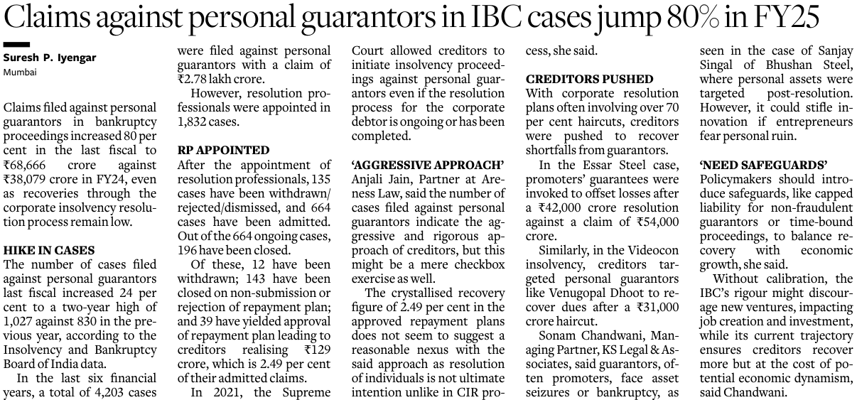 Claims against personal guarantors in IBC cases jump 80% in FY25